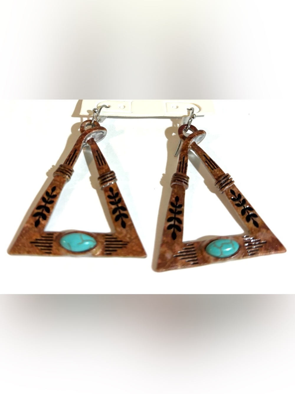 Boho Brown Triangle Drop Earrings with Turquoise Accent - Women Jewelry